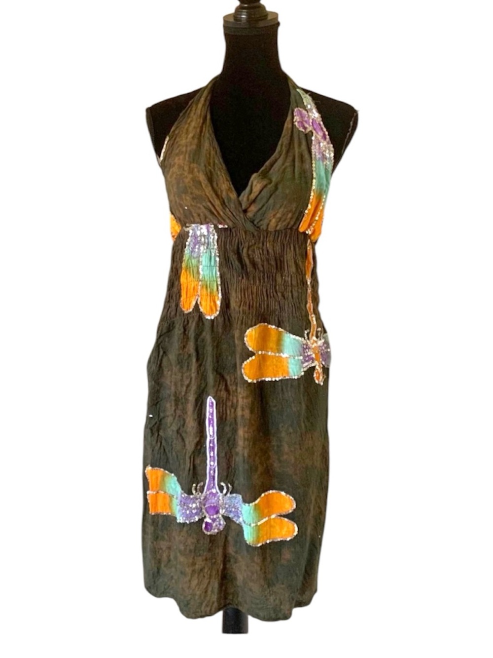 Dragonfly Tie Dye Brown Green Halter Dress Sequined Fairy Boho Smocked Medium